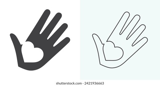 Heart in hand icons set. Hands holding heart icon. Love icon. Health, medicine symbol. Voluntary signs. St. Valentine Day concept. Vector isolated on the white background