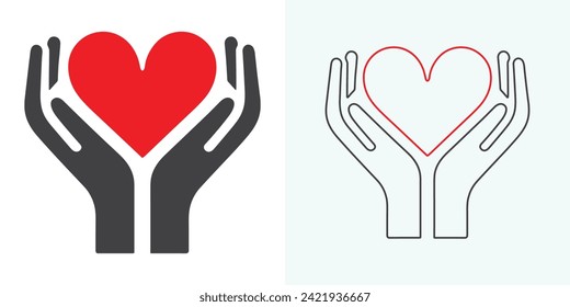 Heart in hand icons set. Hands holding heart icon. Love icon. Health, medicine symbol. Voluntary signs. St. Valentine Day concept. Vector isolated on the white background