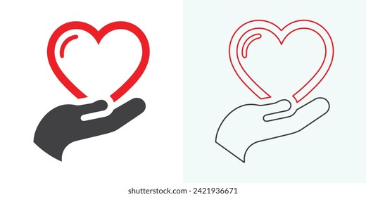 Heart in hand icons set. Hands holding heart icon. Love icon. Health, medicine symbol. Voluntary signs. St. Valentine Day concept. Vector isolated on the white background