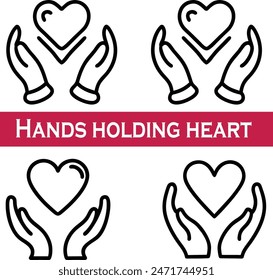 Heart in hand icons set. Hands holding heart icon. Love icon. Health, medicine symbol  heart health care symbol line black icon on white background