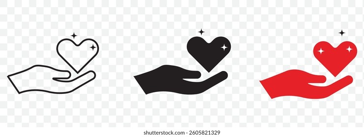 Heart in hand icons set. Hands holding heart icon. Love icon. Health, medicine symbol. Healthcare hands holding heart flat and line style - stock vector
