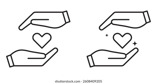 Heart in hand icons set. Hands holding heart icon. Love icon. Health, medicine symbol. Healthcare hands holding heart flat and line style - stock vector