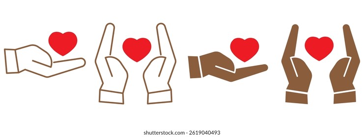 Heart in hand icons set. Hands holding heart icon. Love icon. Health, medicine symbol  design eps 10 