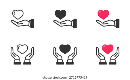 Conjunto de iconos de corazón en mano. Manos que sostienen el logotipo del cuidado del corazón para la caridad, símbolo del cuidado del corazón, símbolo del amor y del cuidado. Salud, símbolo de la medicina. Conjunto de ilustración de corazón y mano que Imagen el amor y la sinceridad.