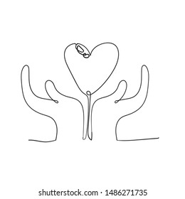 Heart in hand illustration with continuous line drawing doodle handdrawn style vector