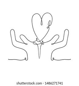 Heart in hand illustration with continuous line drawing doodle handdrawn style vector