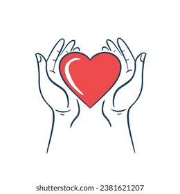 Ilustración del corazón en la mano , Manos sosteniendo el icono del corazón, cuidado, icono del amor, cuidado, salud, símbolo de la medicina. Manos de cuidado de la salud con una ilustración de línea simple del corazón