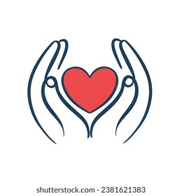 Heart in hand illustration , Hands holding heart icon, care, Love icon, care, Health, medicine symbol. Healthcare hands holding heart simple line art illustration