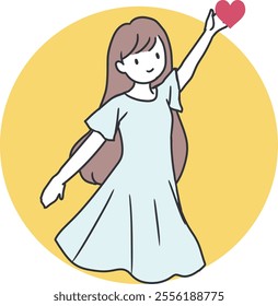 Heart in Hand Joyful Girl Stretching for Love. Perfect for themes of love, happiness, and youthful optimism. Ideal for Valentine Day promotions, educational materials on emotions