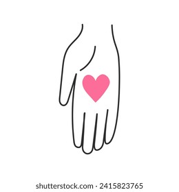 Heart in hand line gesture. Simple hand drawn icon. Love, support, charity, donation, hope symbol. Vector illustration in doodle style.