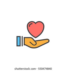 Heart in hand line icon, filled outline vector sign, linear colorful pictogram isolated on white. Health, love and relationship symbol, logo illustration