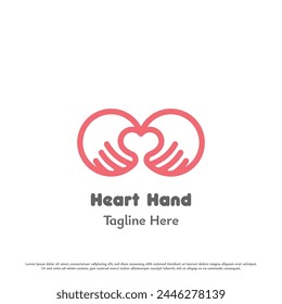 Heart hand logo design illustration. Silhouette of linear line hands love dear care please help charity pink gesture give share. Simple icon symbol gentle soft calm geometric abstract people happy.