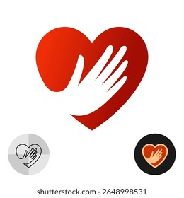 Heart and hand logo icon. Heart shape symbol with caring hand palm negative space silhouette. Care and love stylized sign