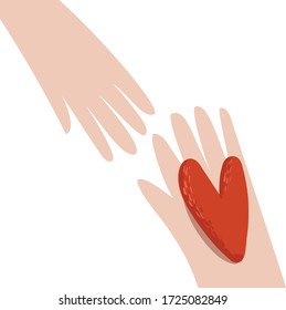 Heart in hand on an isolated background. Charity concept. Valentine's day. Social assistance and support. Compassion. Helping people in a difficult situation. Vector.