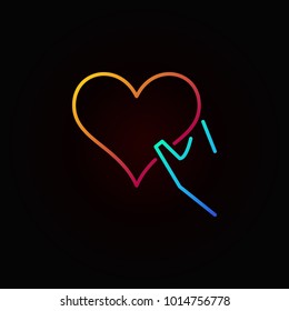 Heart in hand outline colored icon. Charity concept vector linear symbol on dark background