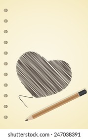 Heart hand painted blank realistic spiral notepad notebook and pencil vector