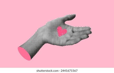 Heart in hand. Retro halftone hand with a drawing of a heart. World heart day. Modern collage. Healthcare medical concept. Healthy lifestyle. Concept of hope and goodness. Valentines day banner