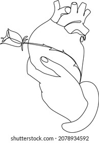 Heart in hand with rose one continuous line drawing. Icon isolated