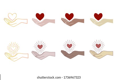 Corazón en mano. Conjunto de ilustraciones vectoriales planas aisladas en un fondo blanco. Amor y felicidad. Día de San Valentín. Boda. Diseño minimalista. Elementos de embalaje, tela, tarjeta