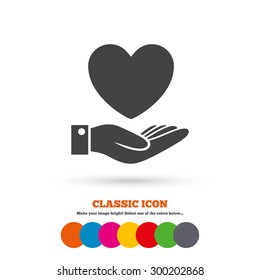 Heart and hand sign icon. Palm holds love symbol. Classic flat icon. Colored circles. Vector