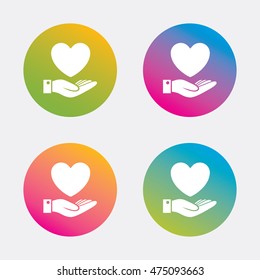 Heart and hand sign icon. Palm holds love symbol. Gradient flat buttons with icon. Modern design. Vector