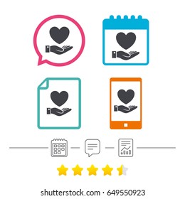 Heart and hand sign icon. Palm holds love symbol. Calendar, chat speech bubble and report linear icons. Star vote ranking. Vector