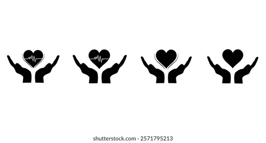 Heart in hand silhouettes set. Hands holding heart icon. Love icon. Health, medicine symbol. Healthcare hands holding heart flat and silhouette style vector.