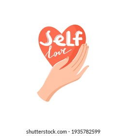 Heart in hand. Symbol of love. Self care, self acceptance, love yourself, narcissism concept. Vector illustration on white background.