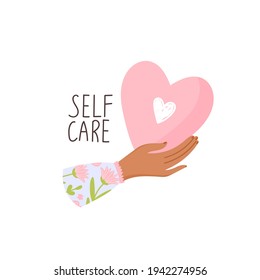 Heart in hand. Symbol of love. Self care, self acceptance, love yourself, narcissism concept. Vector illustration on white background.