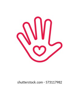 heart in hand thin line red icon on white background, happy valentine day