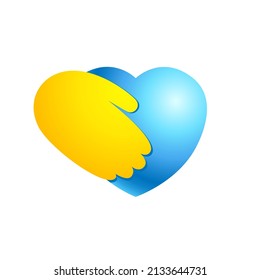 Heart in hand Ukraine flag colors. Close the sky over ukraine, conceptual vector illustration. Charitable, care or help icon