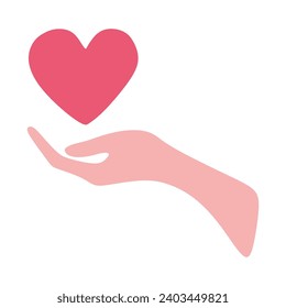 Heart in hand vector Design. Vector Flat style Illustration of hand holding heart isolated on white background. Medicine or Romantic Art, Symbol of kindness and charity. Valentine day template.Heart i