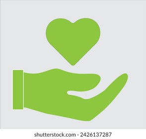 Corazón en mano. Icono vectorial, negro, blanco aislado, manos sosteniendo, cuidado, caridad y concepto de amor, plano, silueta, donación y paz, salud, símbolo de la medicina. Sanidad