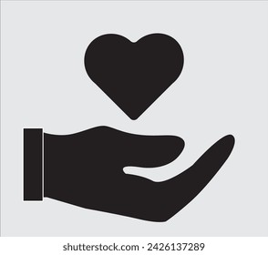 Corazón en mano. Icono vectorial, negro, blanco aislado, manos sosteniendo, cuidado, caridad y concepto de amor, plano, silueta, donación y paz, salud, símbolo de la medicina. Sanidad