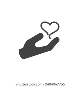 Corazón en un icono de vector manual. signo plano relleno para concepto móvil y diseño web. Mano con el icono del glifo cardíaco. Amor, símbolo del día de San Valentín, ilustración del logo. Gráficos vectoriales
