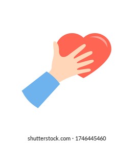 Heart in hand vector icon. Illustration of hand holding heart isolated on white background. Medicine icon. Symbol of kindness and charity. Vector web design