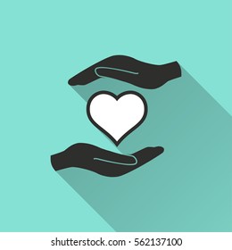 Heart in hand vector icon with long shadow. Illustration isolated for graphic and web design.