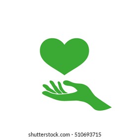 Heart in hand vector icon. Heart protection sign flat style.