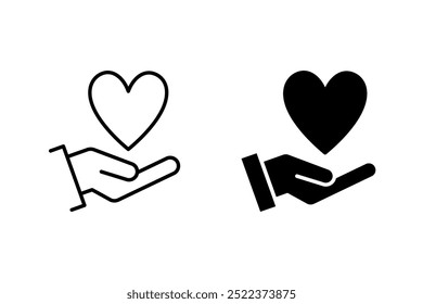 Heart in hand vector icon set. Love icon. Health care hands holding a heart flat and line style. color editable