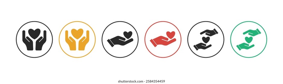 Heart in hand vector icon set. Care and support icon, representing love, care, and kindness. Editable stroke.