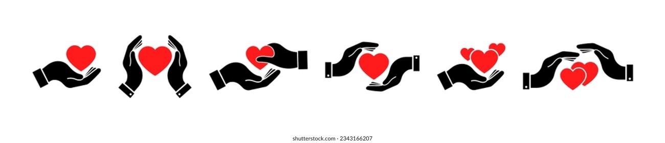 Heart in hand vector icons. Holding red heart on palm. Donate or help. Vector icons set.