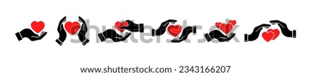 Heart in hand vector icons. Holding red heart on palm. Donate or help. Vector icons set.