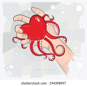  Heart in the hand. Vector illustration. The ocean of love.