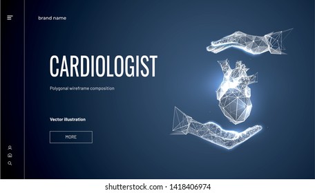 Heart in hand.Polygonal wireframe composition. Concept for organ donor or organ transplantation. Abstract isolated on dark blue background. Particles are connected in a geometric silhouette.