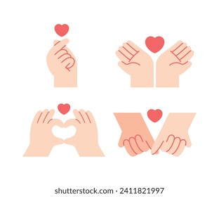 Heart hands collection with I love you heart sign. Set of Valentine day and expressions love to you, message of love hand gesture, shapes heart with both hands. Cute vector illustration hands sign.