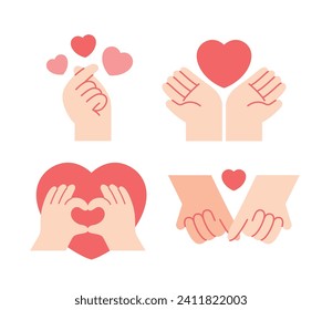 Heart hands collection with I love you heart sign. Set of Valentine day and expressions love to you, message of love hand gesture, shapes heart with both hands. Cute vector illustration hands sign.