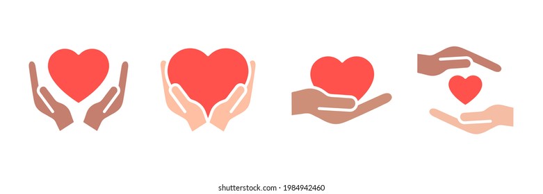 Heart with hands colorful icons set. Multicultural human assistance and support symbols collection. Voluntary signs. St. Valentine Day concept. Vector isolated on white background