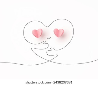 Heart with hands continuous one line contour on white background. Hug yourself and 3d paper pink signs. Vector symbols of love for Happy Children's, Mother's, Valentine's Day, birthday greeting card