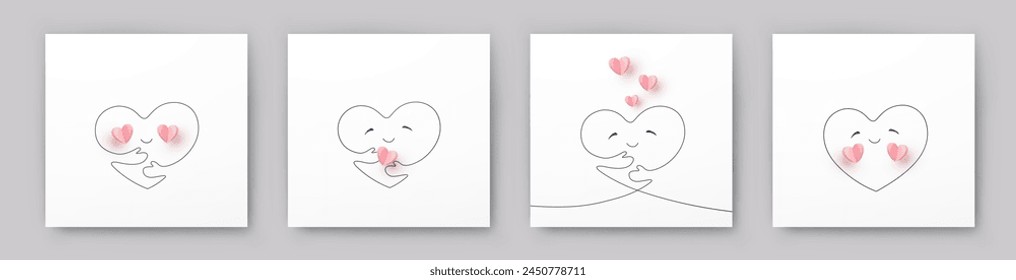 Corazón con las manos contornos continuos de una línea sobre fondos blancos. Abrazarse y 3d papel rosa signos. Vector de símbolos de amor para niños felices, madre, diseño de tarjeta de felicitación de San Valentín