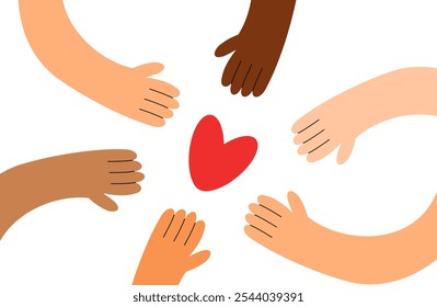 Heart and hands of different skin tones of multiethnic races. Multiracial people. Flat vector illustration